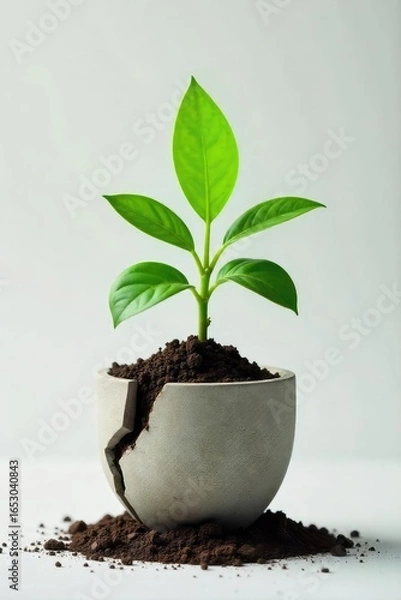 Fototapeta A vibrant green plant bursting from a cracked concrete pot, symbolizing resilience and upward growth, representing a thriving business expanding despite challenges , corporate, leaves, future