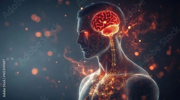 Fototapeta A photorealistic male figure, semi-transparent showing glowing internal organs with red and amber light flares from the brain and heart, placed in a modern magazine-style layout.