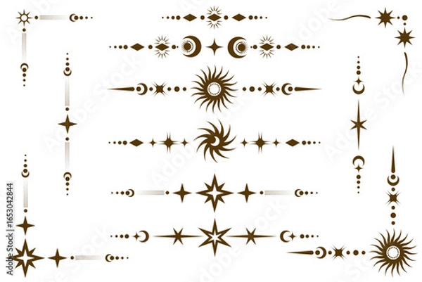 Fototapeta Celestial stars frame with magic ornament of moon and sun. Elegant astrology tarot divider for text and menu. Spiritual mystic decoration on white background.