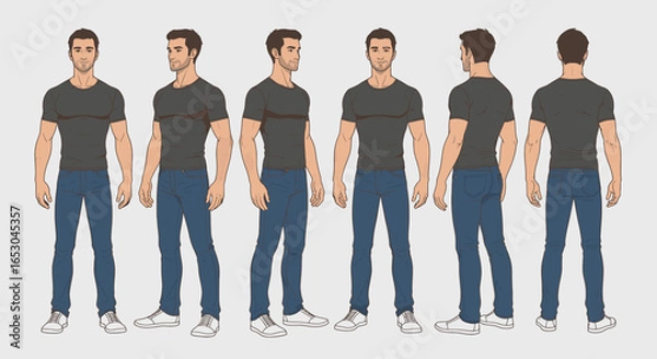 Fototapeta Casual man character turnaround sheet with multiple views for animation, game design, or storyboarding.