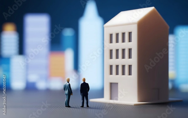 Fototapeta Miniature businessmen looking at a building model in city