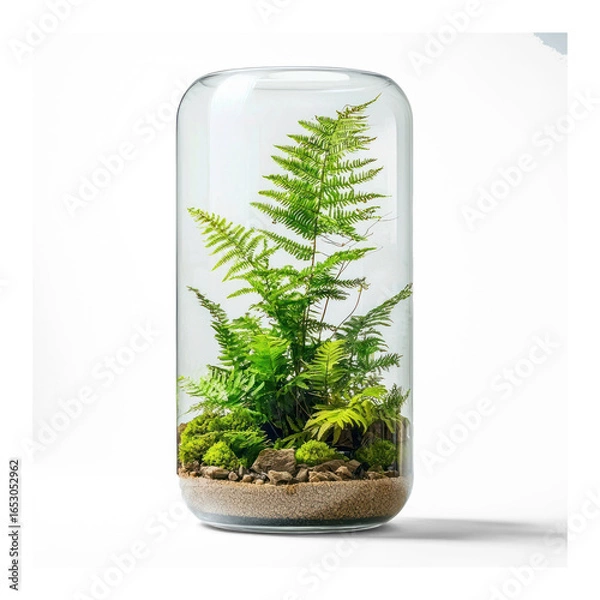 Fototapeta A glass terrarium with ferns and moss inside, placed on a white surface.