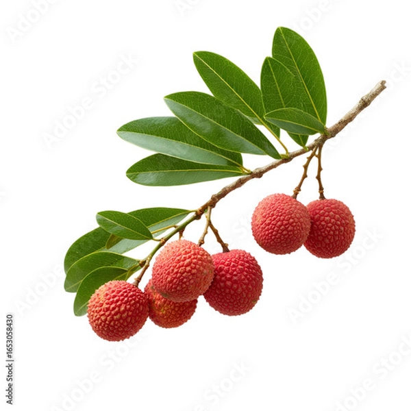 Fototapeta A branch of ripe lychees isolated on a transparent background, vibrant red fruits with glossy green leaves, evokes a tropical and refreshing vibe