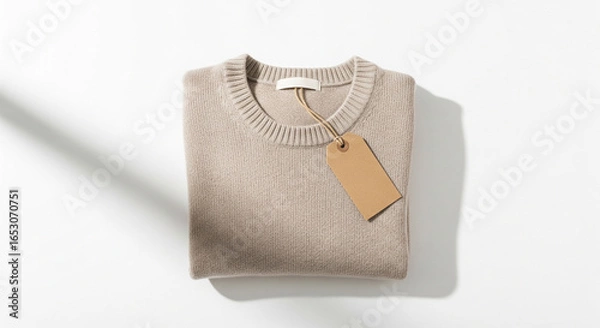 Fototapeta Beige Wool Sweater with Blank Kraft Tag on White Background Copyspace