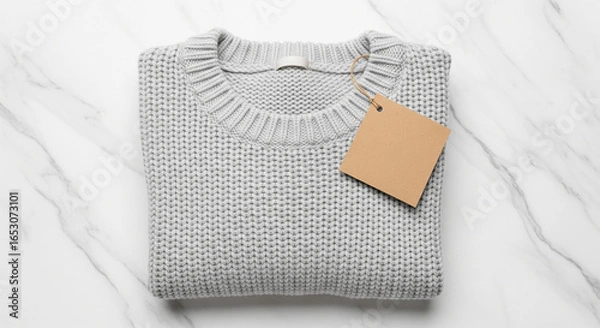 Fototapeta Light Gray Sweater with Blank Square Tag on Marble Background