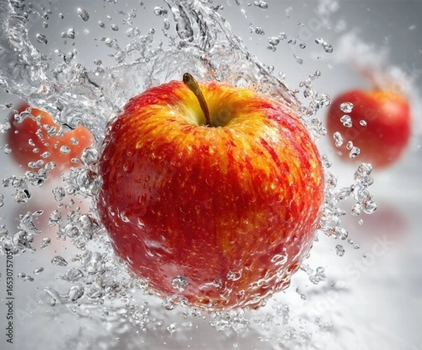 Obraz Apple Splash Freeze Frame with Ice-Crystal Halo, Studio Lighting on White Background for Juice Ads, Health Food Packaging or Wellness Theme Design