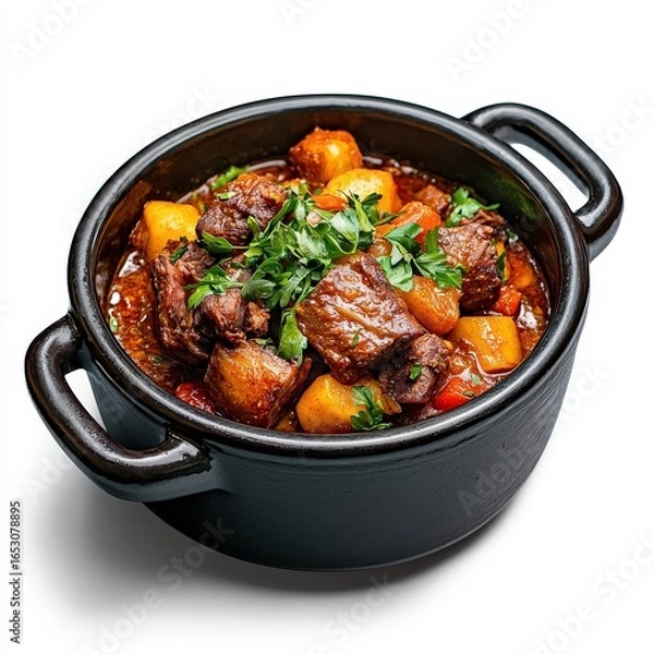 Obraz Hearty beef stew simmers in a black cast iron pot, garnished with fresh parsley and featu tender meat and vegetables, served on a white surface.