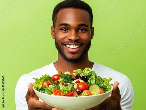 Fototapeta Man holding a bowl of fresh salad and smiling at the camera, isolated on lime green background, 