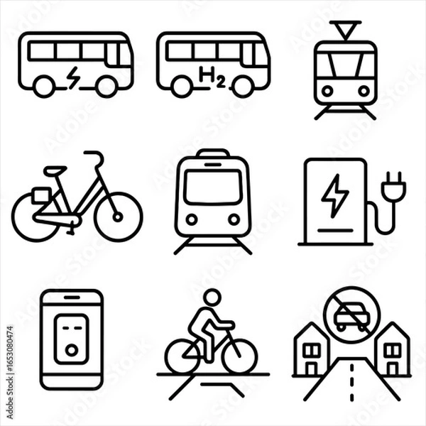 Fototapeta Zero-Emission Transit Icons. Outline style icon of Zero-Emission Transit: electric bus, hydrogen bus, tram with pantograph, e-bike