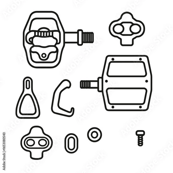 Fototapeta Bicycle Pedal Components. Outline style icon of Pedals & Interface: clipless pedal body, SPD cleat, platform pedal pin, toe clip,