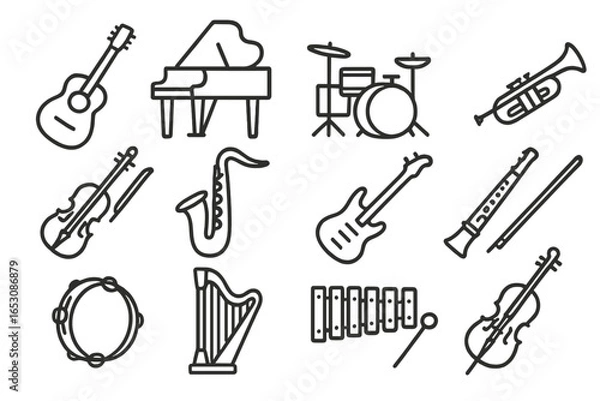 Fototapeta Music Instruments Icons. Line style icons of music instruments: acoustic guitar, grand piano, drum set, trumpet icon, violin bow,
