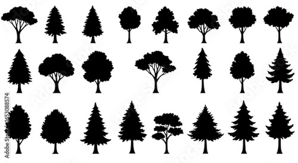 Fototapeta Collection of diverse deciduous and evergreen tree silhouettes illustrating various shapes and sizes for design and illustration purposes