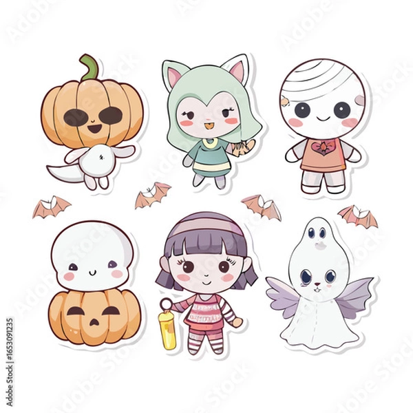 Fototapeta Set of adorable vector Halloween characters little ghost