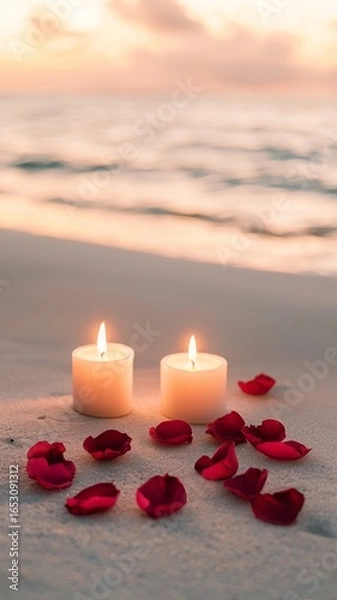 Fototapeta Romantic beach setting with candles and rose petals