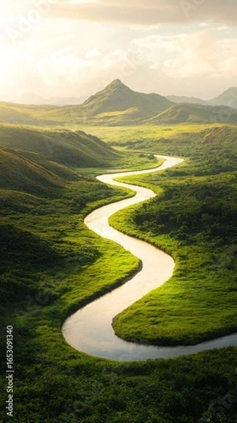 Fototapeta Serene winding river through lush green hills at sunset