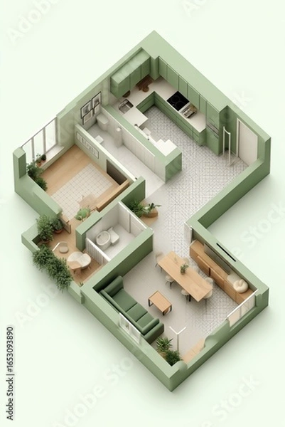 Obraz Modern green-themed apartment layout showcasing kitchen, living room, and bathroom design options
