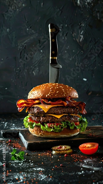 Fototapeta Double bacon cheeseburger with lettuce and tomato, pierced by a knife for dramatic styling. Generative AI