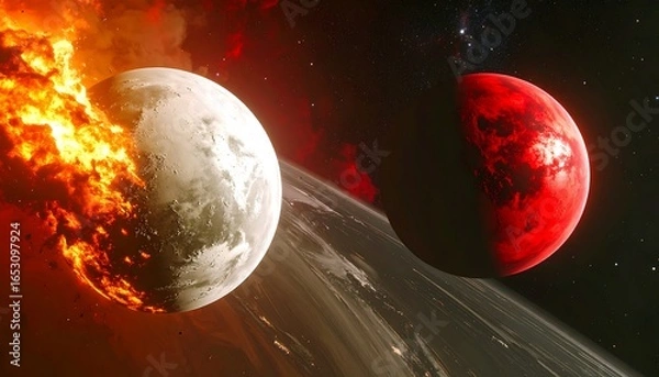 Fototapeta Two planets colliding in space, one ablaze