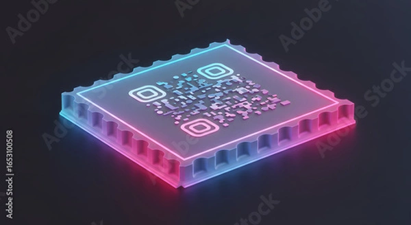 Fototapeta A retro-futuristic postage stamp design with a scannable QR code symbolizing digital connection in a vibrant neon cyberpunk metropolis at night