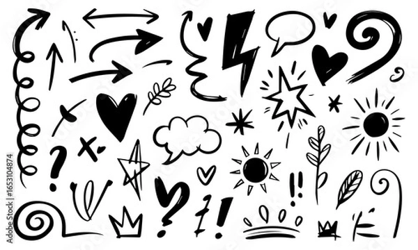 Fototapeta Arrow brush asterisk marker line shape set. Hand drawn brush stroke asterisk, arrow, squiggle shape with grunge texture. Abstract sketch paint elements for geometric background. Vector illustration