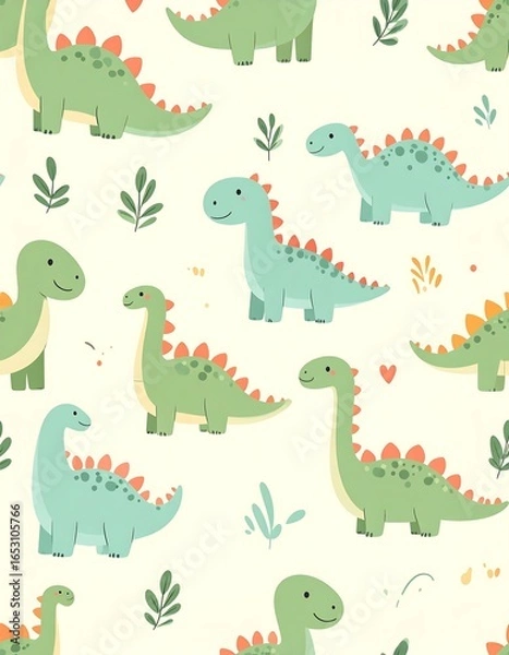 Obraz Cartoon dinosaurs and foliage on a light yellow background