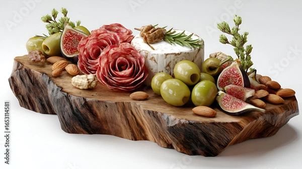 Fototapeta Elegant charcuterie board arrangement with figs, olives, salami roses, almonds, and soft cheese on rustic wood.