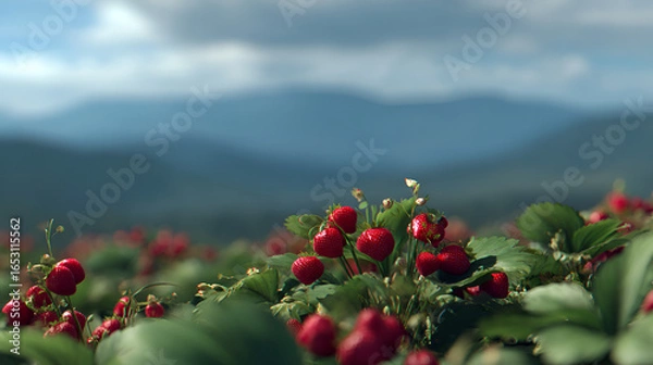 Fototapeta Lush strawberry field with ripe fruit against a backdrop of blue mountains under a partly cloudy sky.