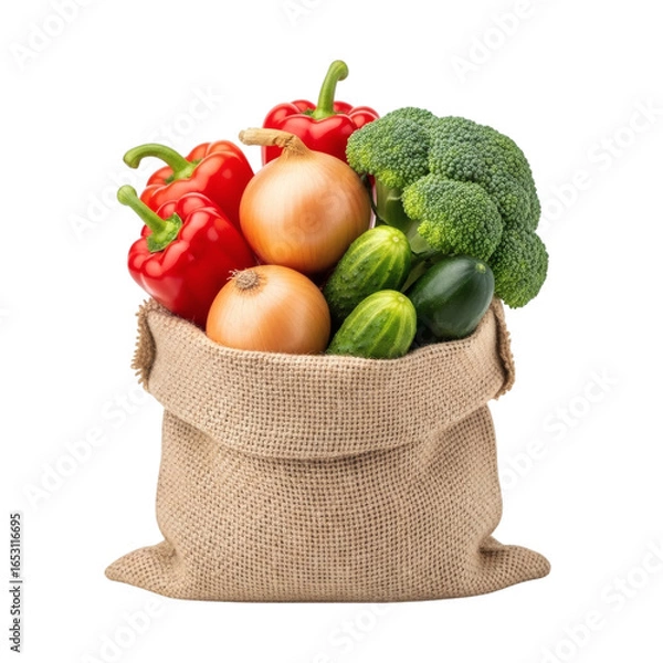 Fototapeta Fresh vegetables in a burlap sack isolated on transparent background