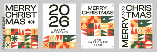 Fototapeta Merry Christmas Vibrant Abstract minimalist style Geometric Pattern with Modern Typography Colorful Festive and Snowflakes Holiday Greeting Background Poster Design