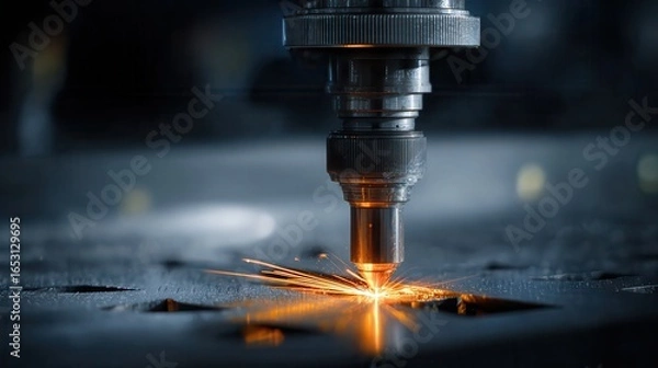 Fototapeta Laser welding process close up industrial automation precision manufacturing technology high angle view.