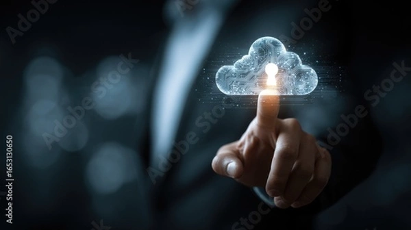 Fototapeta A finger touching a digital cloud with data connections.