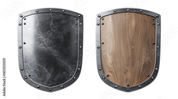 Fototapeta Two shields: metal and wood with rivets
