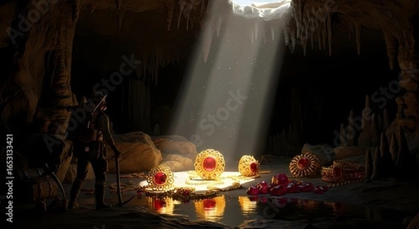 Fototapeta Explorer discovering treasure in mysterious cave
