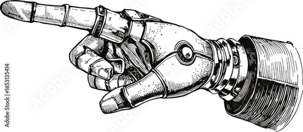 Fototapeta Detailed vintage engraving style vector sketch of the robotic hand with pointing finger gesture. Isolated on white, featuring mechanical joints and bolts, in a retro fantasy aesthetic.