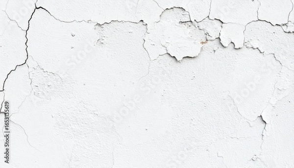 Fototapeta Old white plaster wall with cracked and peeling paint, creating an abstract grunge texture background.
