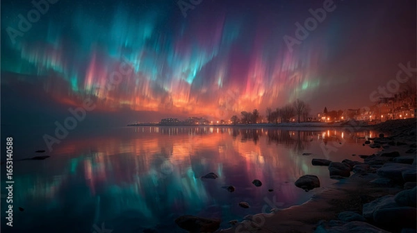 Obraz Aurora Borealis over the water: Captivating moment the colorful Northern Lights dance across the night sky, reflected serenely in the still water of a lake.