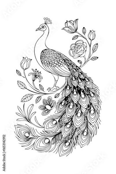 Fototapeta vector illustration of a peacock, colouring page 