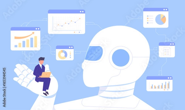 Obraz AI assistant helps businessman analyze data and develop business plans. Artificial intelligence for business and company. Technology supports business success. Flat vector illustration.