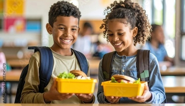Fototapeta Smiling children comparing their lunches in a vibrant school cafeteria setting