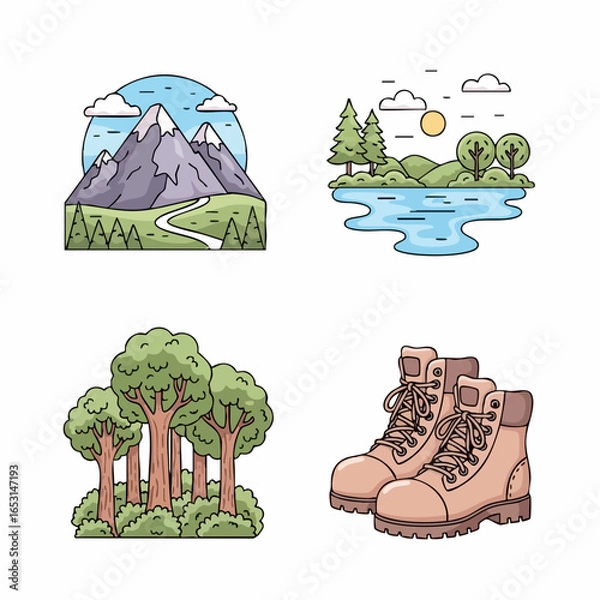 Fototapeta Vector SVG Illustration Set of Nature and Outdoor Elements in Modern Flat Style with Bright Colors