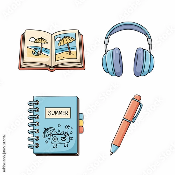 Fototapeta Vector SVG Illustration Set with Summer Beach Book Headphones Notebook and Pen in Flat Design Style with Bright Colors