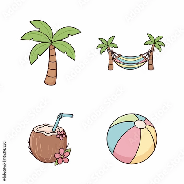 Fototapeta Minimalist Vector SVG Illustration of Tropical Beach Scene with Palm Trees Hammock Coconut and Beach Ball in Flat Design Style with Bright Colors
