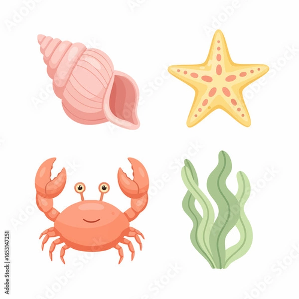 Fototapeta Vector SVG Illustration of Ocean Life with Shell Starfish Crab and Seaweed in Flat Design Style for Marine Themed Projects