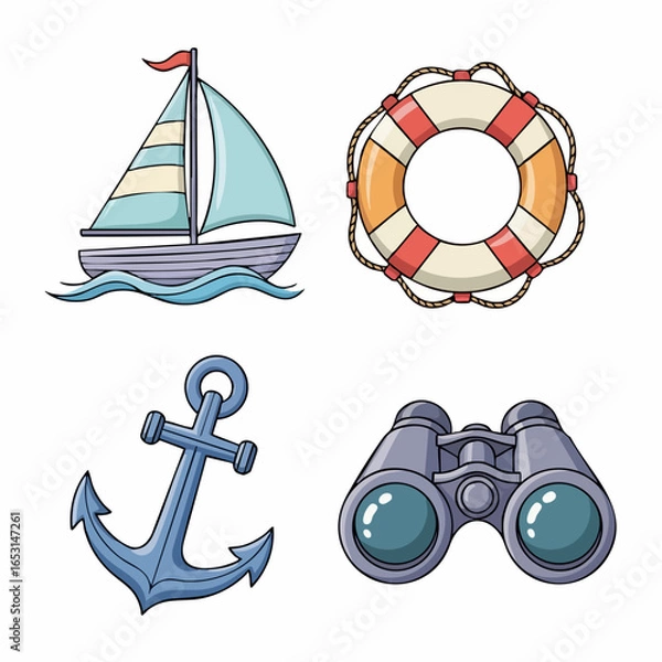 Fototapeta Vector SVG Icon Set with Nautical and Marine Elements in Flat Design Style Featuring Sailboat Anchor Lifebuoy and Binoculars