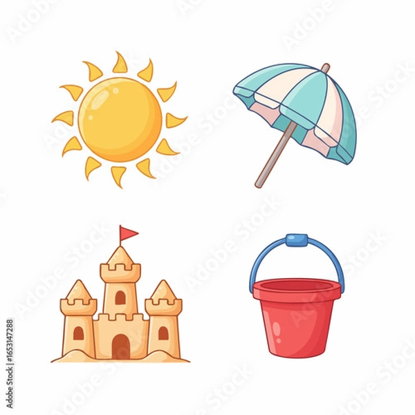 Fototapeta Icon Vector SVG Set with Sun Beach Umbrella Sandcastle and Bucket in Flat Design Style Colors Bright Yellow Blue Red