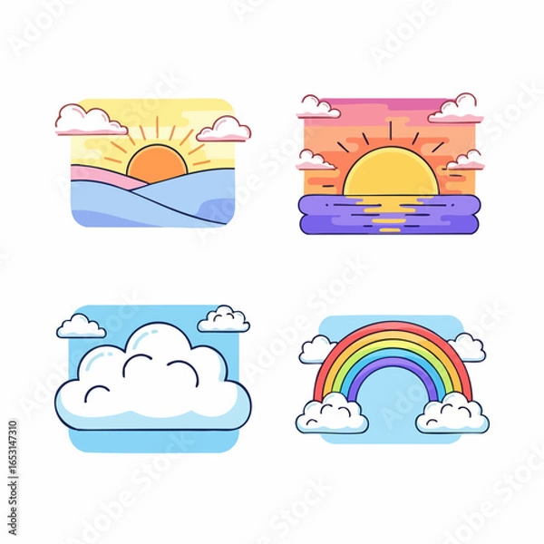 Fototapeta Cute Flat Vector SVG Illustration Set of Sunsets Clouds and Rainbow with Modern Minimalist Style Bright Colors for Web and Digital Design