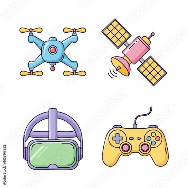 Fototapeta Vector SVG Icon Set Featuring Drone Satellite VR Headset and Game Controller in Flat Design Style with Bright Colors