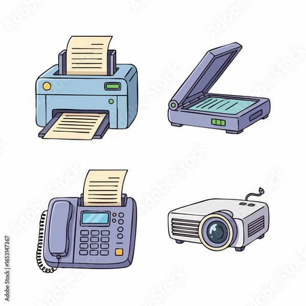 Fototapeta Vector SVG Illustration of Office Devices with Flat Design Style Featuring Printers Scanner Fax and Projector in Bright Color Palette for Digital and Business Use