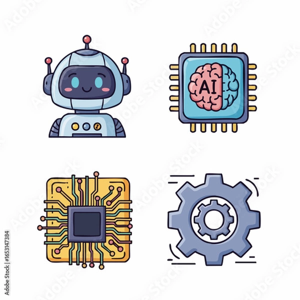 Fototapeta Vector SVG Icon Set Featuring Robot AI Brain Microchip Gear Flat Design with Bright Colors for Web and App Interface