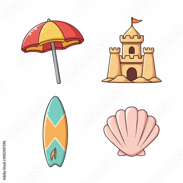 Fototapeta Minimalist Vector SVG Icon Set with Beach and Sandcastle Themes in Flat Design Style